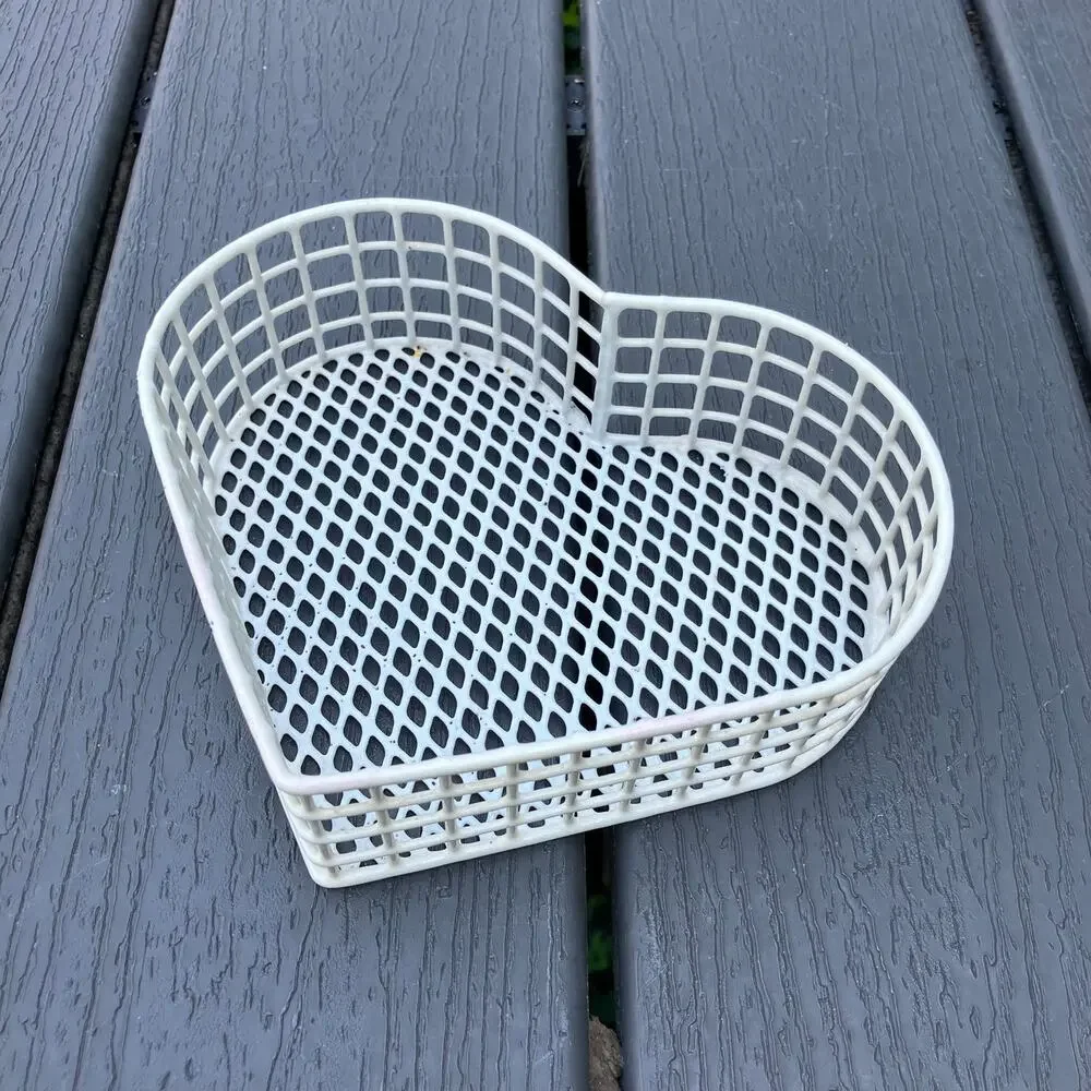 Vintage white heart shaped wire basket, cottagecore farmhouse shabby chic